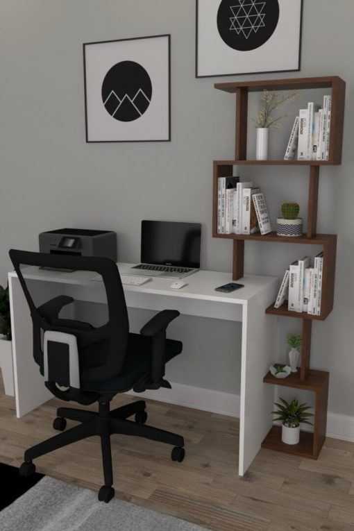 Pratik Kitaplıklı Çalışma Masası Beyaz Ceviz