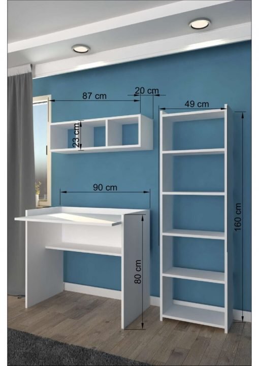 Elmas Çalışma Masası Kitaplık Duvar Raflı Beyaz Ceviz - Görsel 3