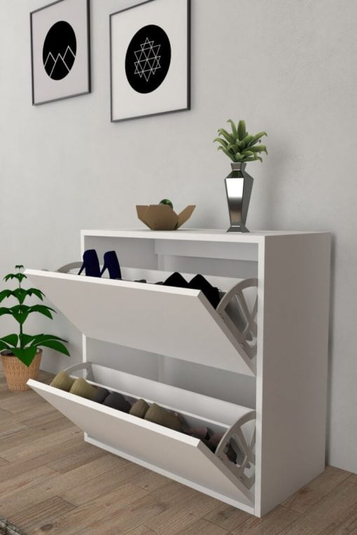 2 Kapaklı Kayar Raflı Ayakkabılık Beyaz - Görsel 4