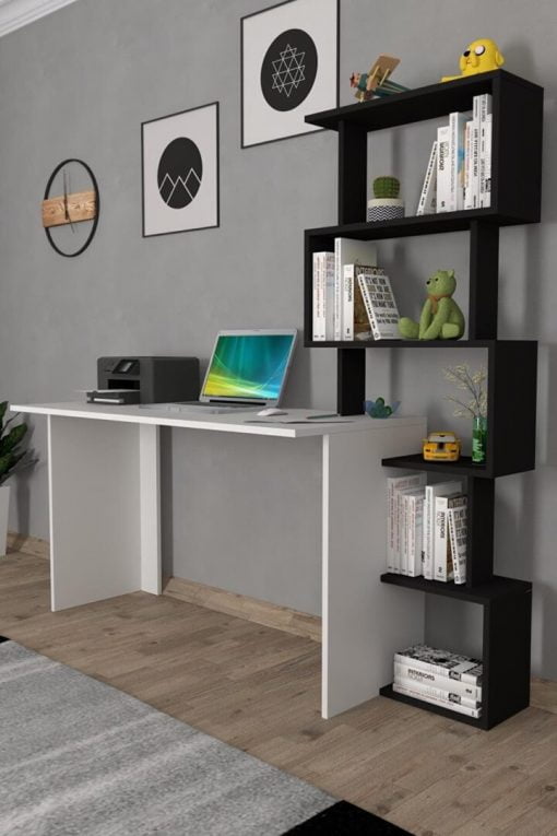 Yakamoz Kitaplıklı Çalışma Masası Beyaz Siyah - Görsel 2