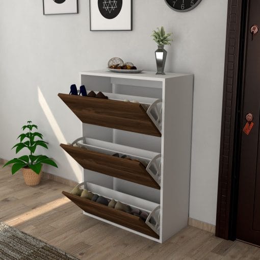 3 Kapaklı Kayar Raflı Ayakkabılık Ceviz - Görsel 2