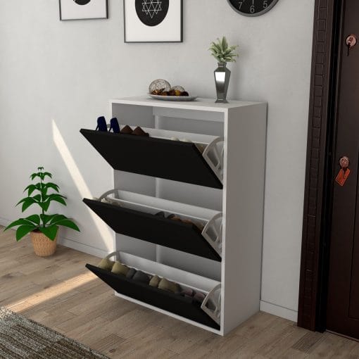 3 Kapaklı Kayar Raflı Ayakkabılık Siyah - Görsel 2