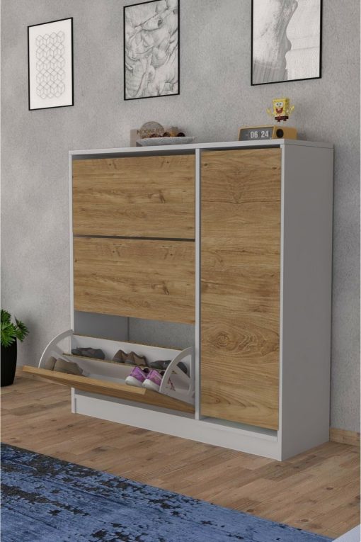 Milano 3 Kapaklı Kayar Raflı Dolaplı Ayakkabılık  Çam - Görsel 3