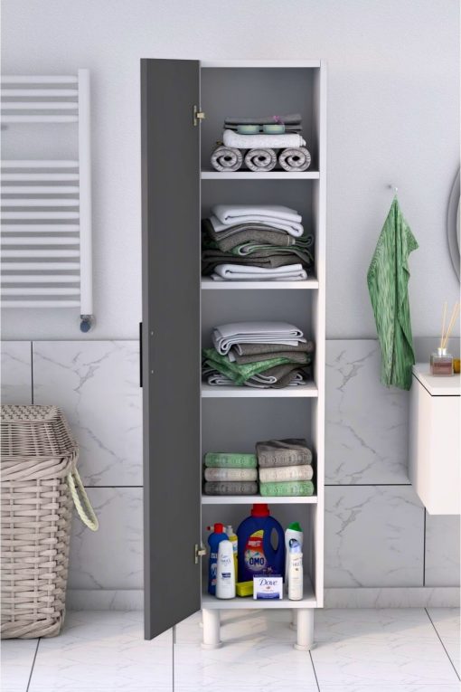 5 Raflı Banyo Boy Dolabı Beyaz Antrasit - Görsel 3