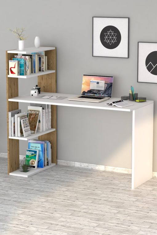 Çınar Kitaplıklı Çalışma Masası Beyaz Çam - Görsel 3